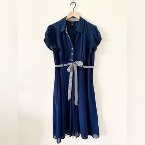 Signature By Robbie Bee Fit & Flare Midi Dress with Button Detail in Navy - 16